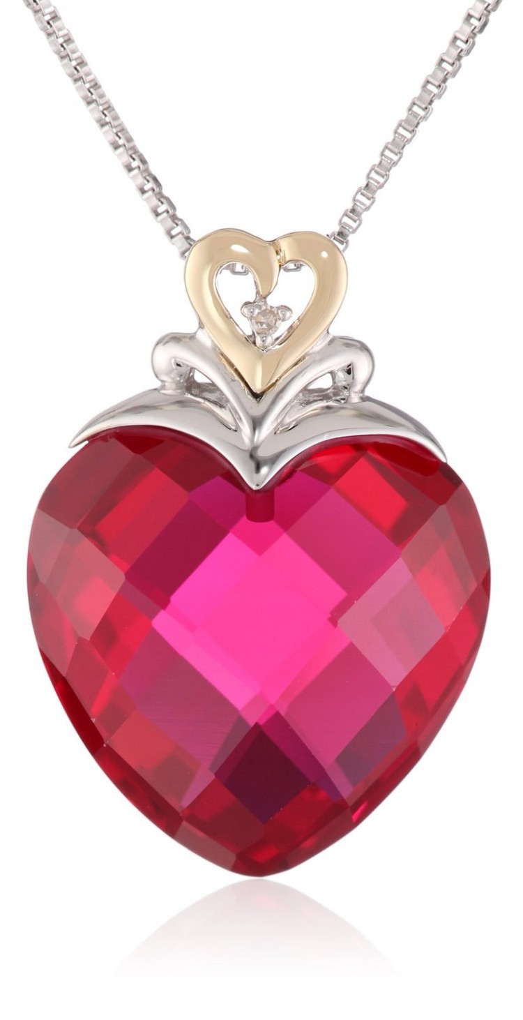 XPY Sterling Silver and 14k Yellow Gold Created Ruby Heart and Diamond