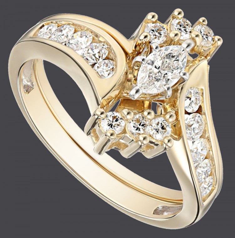 14k Yellow Gold Bypass Diamond with Marquise Wedding Bridal Ring Set