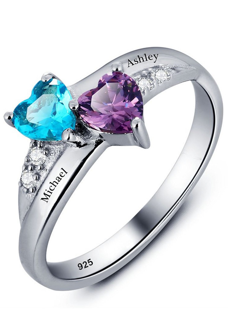 Promise Ring For Her Couples 2 Heart Birthstones 2 Names and 1