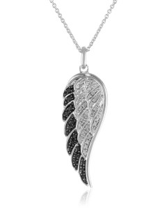 Sterling Silver Black And White Diamond Angel Wing Pendant Necklace ...