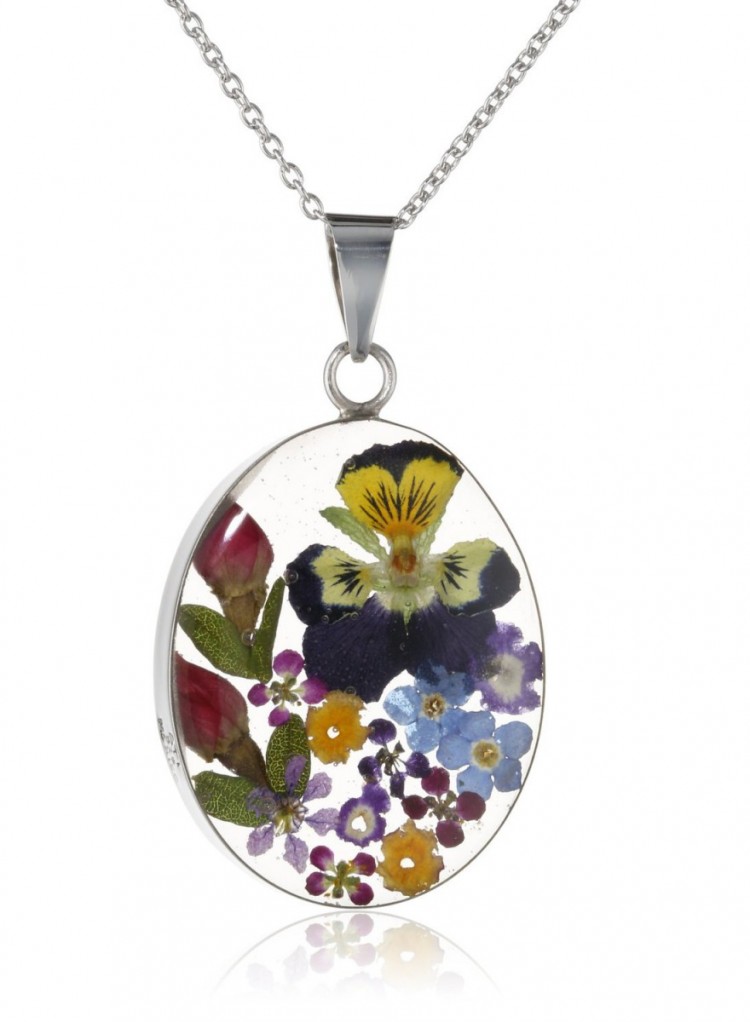 Sterling Silver Pressed Flower Oval Pendant Necklace - Visuall.co