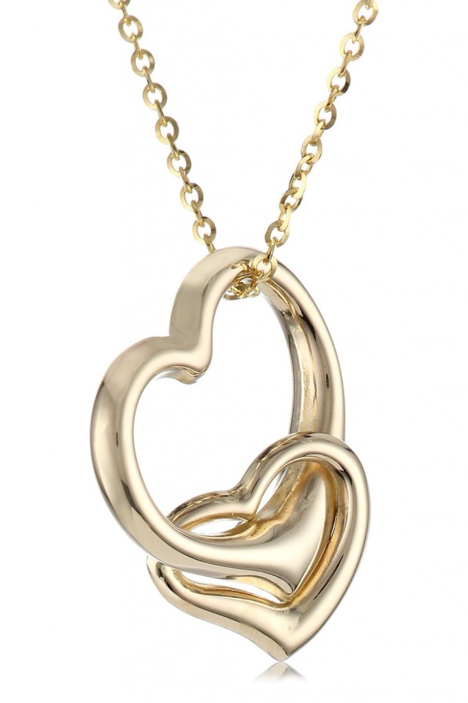 14k Yellow Gold Double Heart Pendant Necklace, 16" - Visuall.co