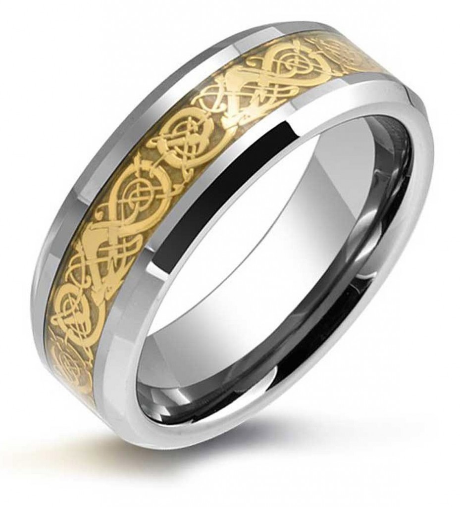 Bling Jewelry Tungsten Celtic Dragon Gold Inlay Flat Fit Wedding Band ...