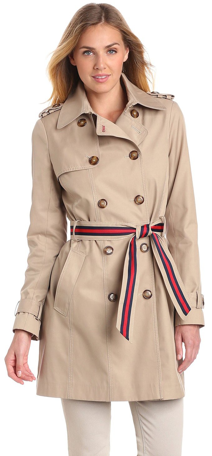 Tommy Hilfiger Women's Double Breasted Trench Coat with Striped Belt ...