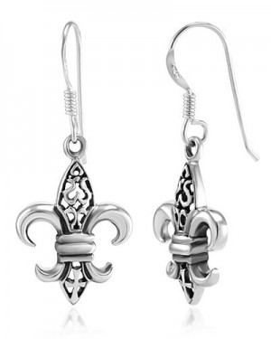 925 Sterling Silver Filigree Fleur De Lis Symbol Dangle Hook Earrings ...