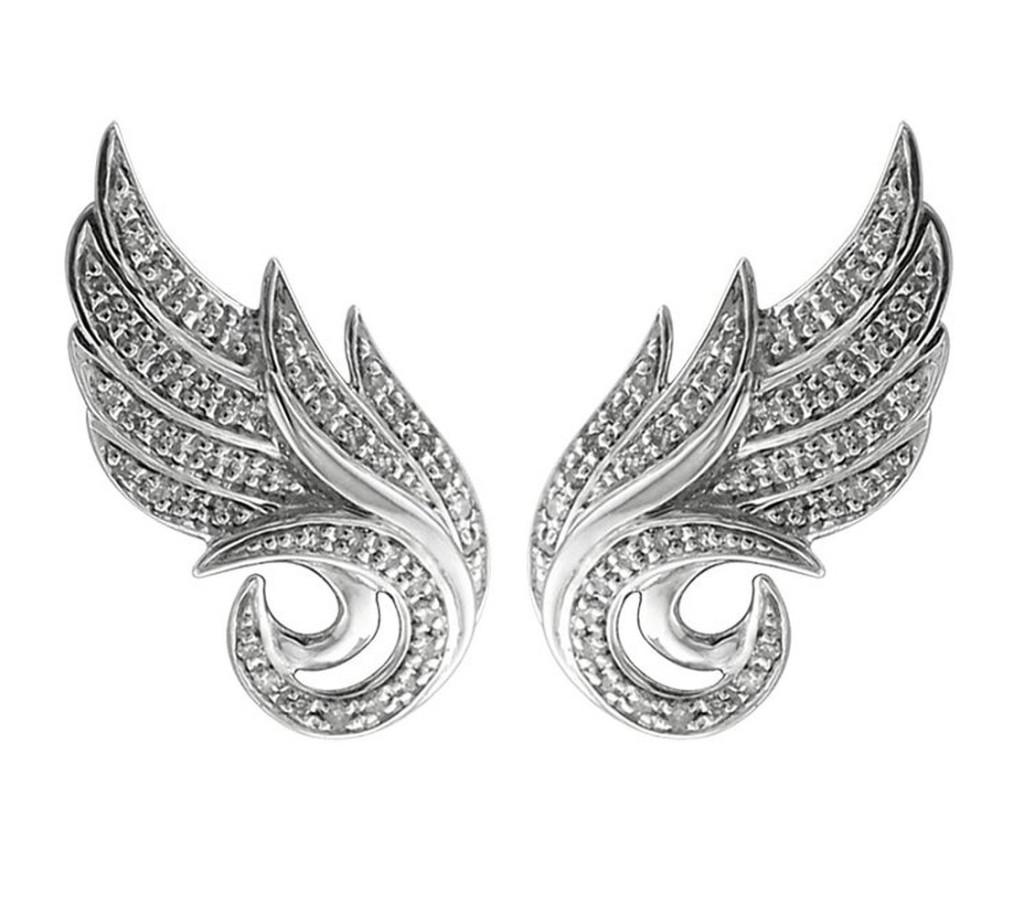 925 Sterling Silver Angel Feather White Diamond Earring - Visuall.co