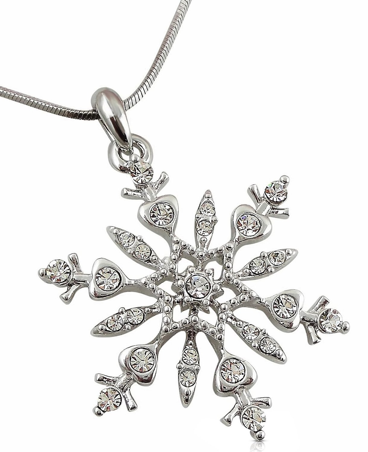 Beautiful Large 11/4" Silver Tone Snowflake Crystal Pendant Necklace