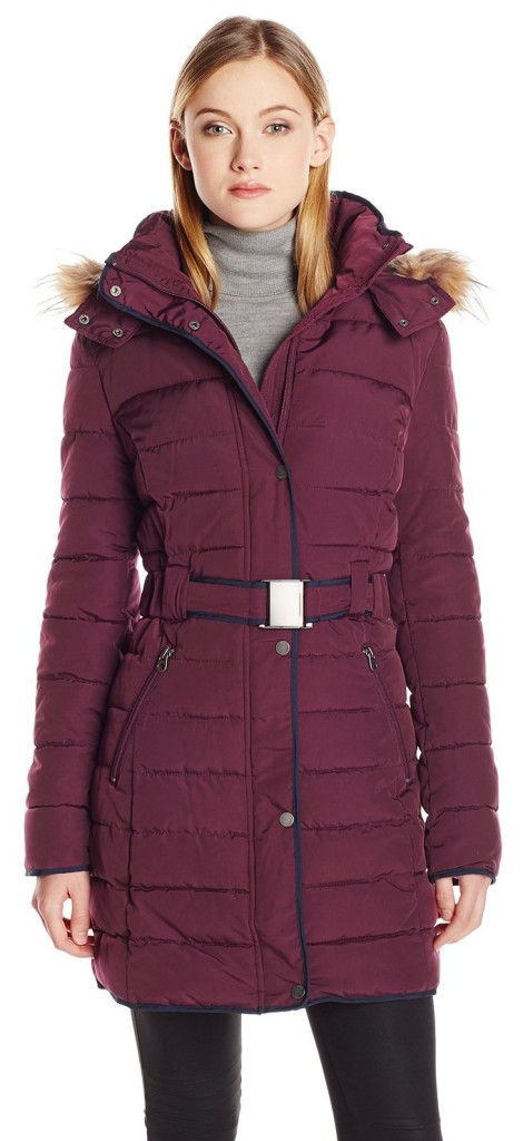 Tommy Hilfiger Women's Long Belted Down Coat with Fur Trim Hood ...