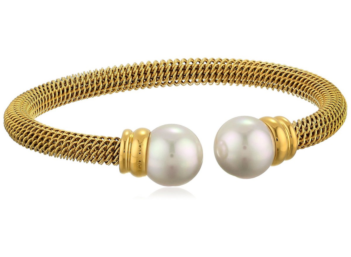 Majorica 12mm White Pearls on Gold Stainless Steel Bangle Bracelet