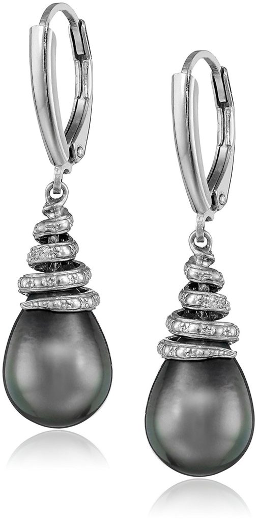 Sterling Silver Tahitian Cultured Black Pearl Diamond Accent Dangle
