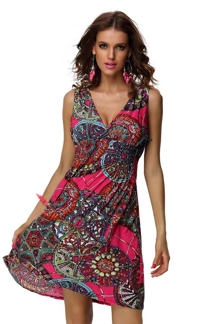 Women's Casual Low-cut V-neck Backless Printed Dress - Visuall.co